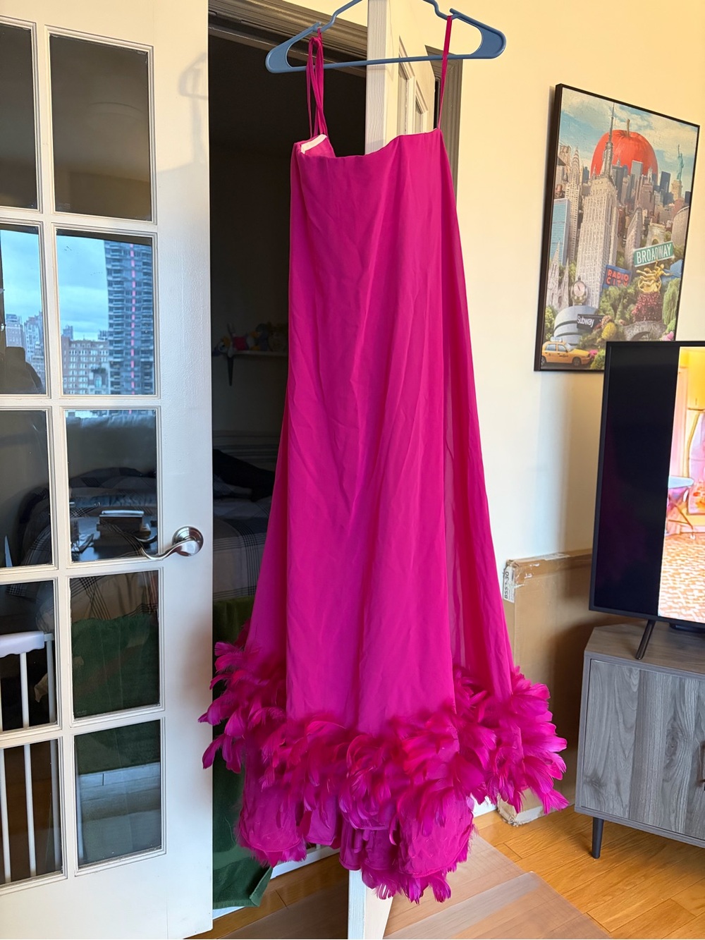 Mac Duggal Hot Pink Strapless Maxi Gown with Feather Hem - Picture 5 of 8